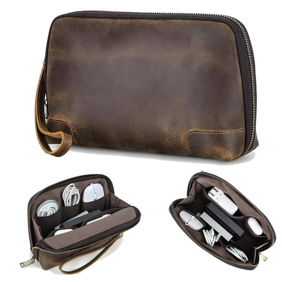 Contact's Crazy Horse Leather Travel Electronic Organizer Cables Chargers Accessories Storage Case Holder Clutch Bag