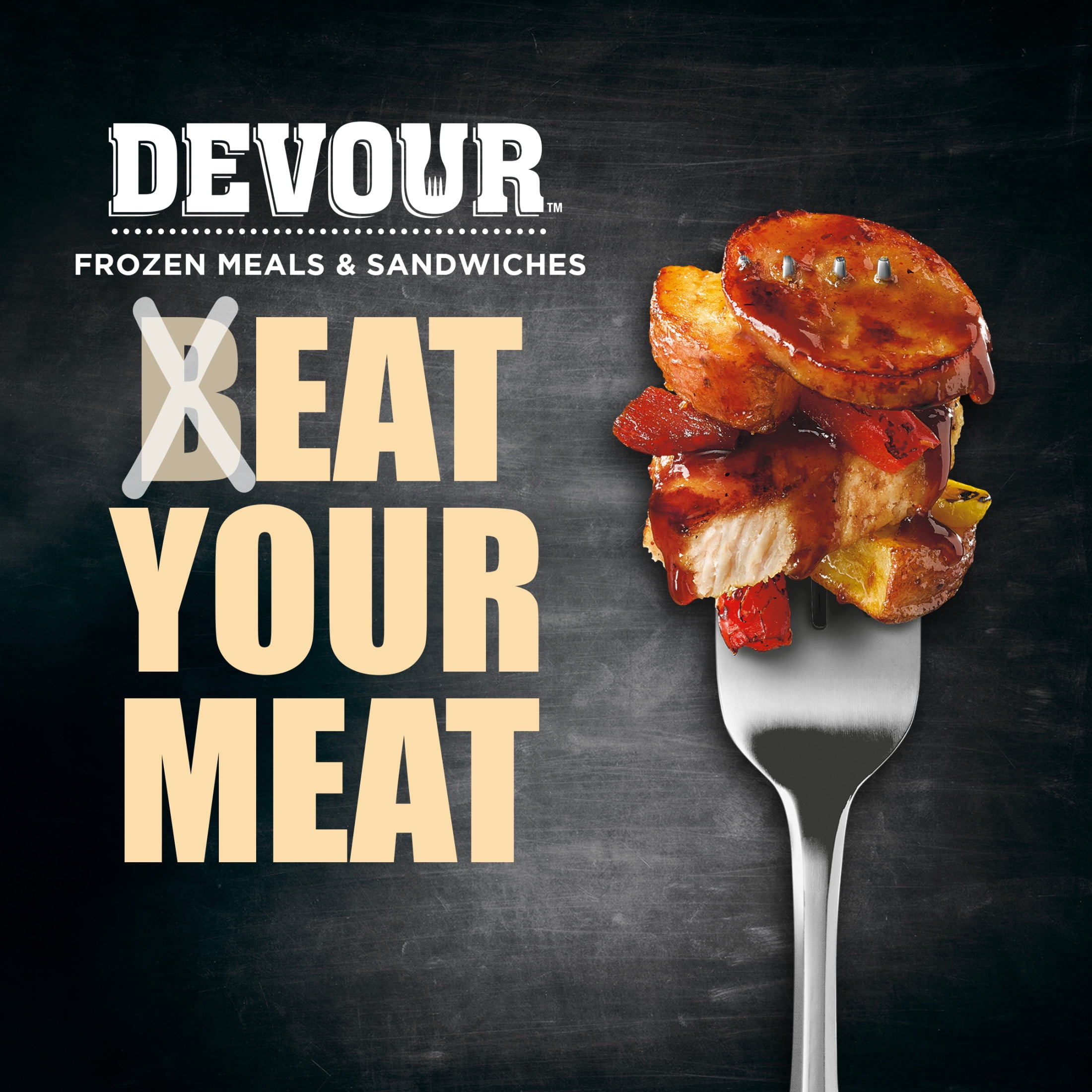 DEVOUR Smokehouse Meat & Potatoes with Chicken, Sausage & Bacon in Memphis Style BBQ Sauce Frozen Meal, 9.8 oz Box