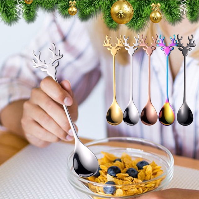 XWSHYW Cucharas Cucharas Navideñas, Regalo de Navidad, Cuchara de Reno, Cuchara de Café de Acero Inoxidable 304, Cuchara Mezcladora, Cuchara de Helado de Postre