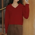 thumbnail image 4 of VISALY V Neck Pullover Sweater Cotton Sweaters Trendy Long Sleeve Sweater Tops Fall Chunky Cable Knit Pullover Sweaters Business Casual Sweater Business Casual Sweaters Soft Sweaters Red One Size, 4 of 7