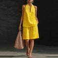 thumbnail image 3 of Linen Short Sets for Women 2 Piece Outfits V Neck Halter Tank Tops Knee Length Bermuda Shorts Beach Loungewear Set,Yellow XL, 3 of 7