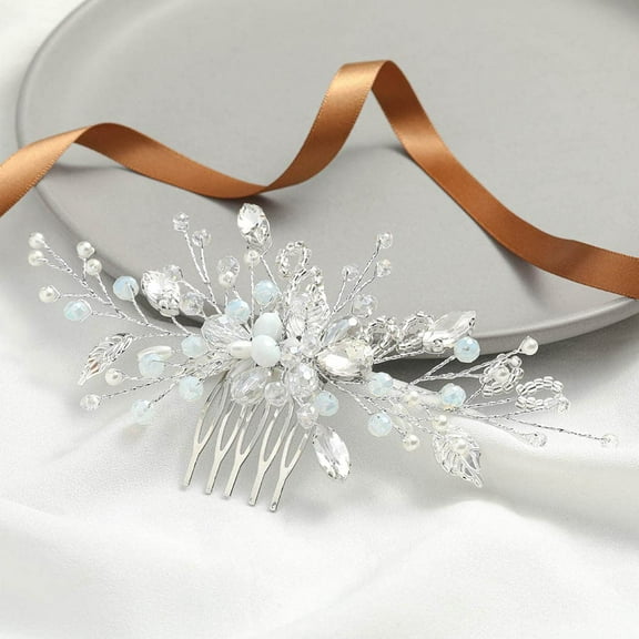 Crystal Bride Wedding Hair Comb Silver Rhinestones Bridal Hair Pieces Opal Crystal Hair Clip Vintage Leaves Hair Accessories for Women and Girls