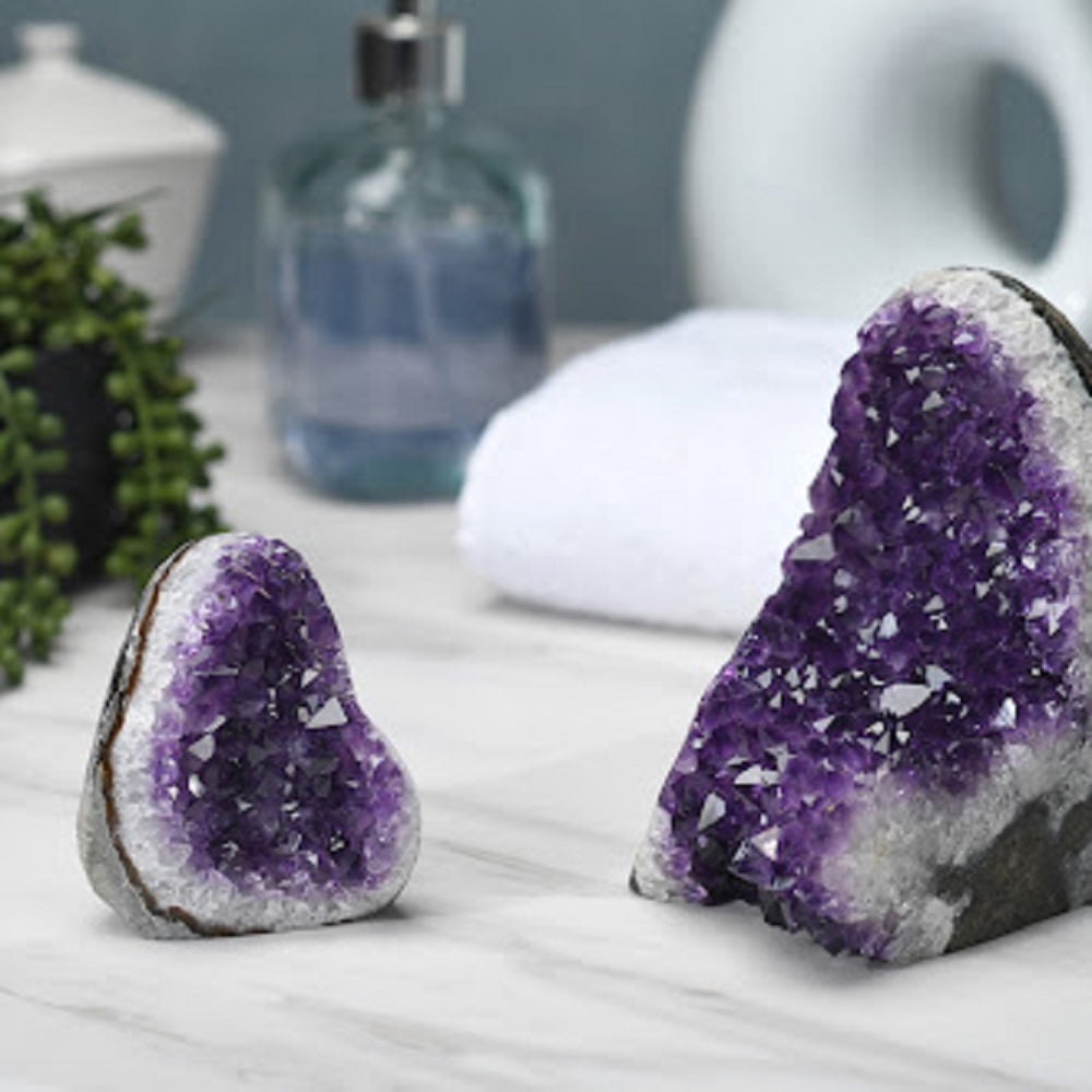 Extreme Rocks & Fossils Natural Amethyst Crystal Cluster Geode 2-2.5 lb, Deep Purple Raw Crystal from Uruguay with Polished Edges, Free 3" Selenite Wand