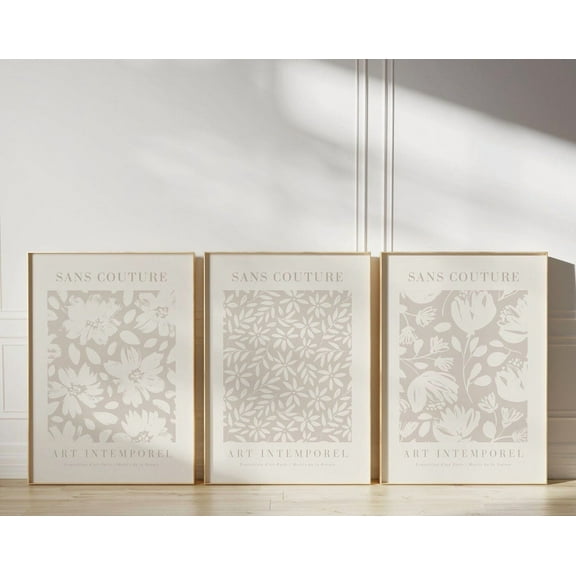 UNFFRAMED Beige Floral Print Set Of 3, Neutral Botanical Abstract Poster, Neutral Colors Art, Light Tones Boho Flowers Modern, Modern Wall Decor Set 3 Prints 8x12