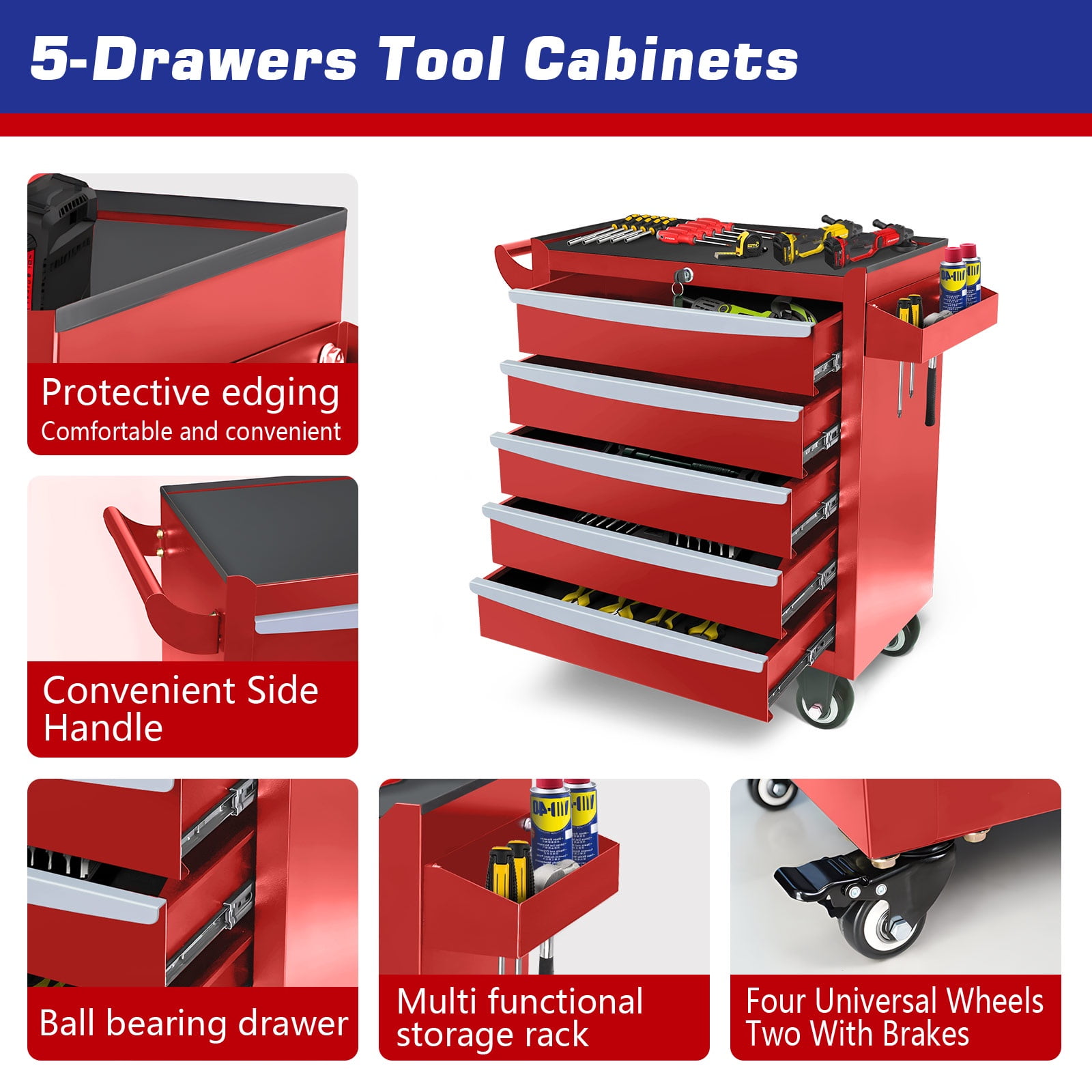 Rolling Tool Box on Wheels, Seizeen 5-Drawer Tool Chest & Storage Cabinet, Lockable Tool Organizer for Garage Warehouse, Red
