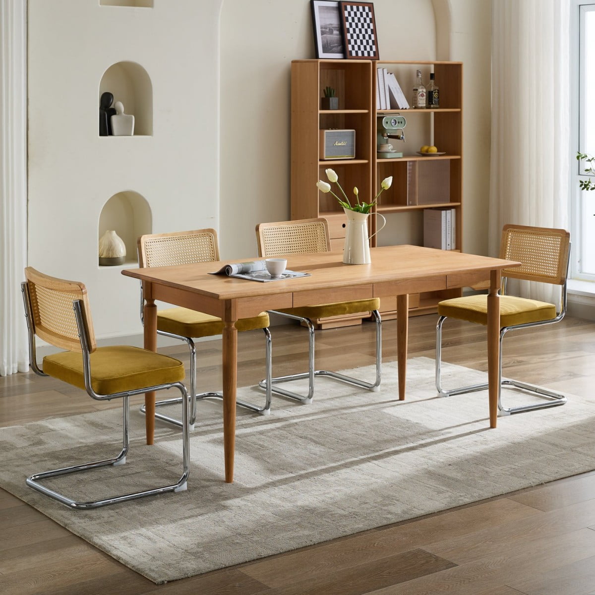 Dining Chairs Set of 2, Mid Century Modern Velvet Accent Chairs with Natural Rattan Back, Chrome Cantilever Base, Gold