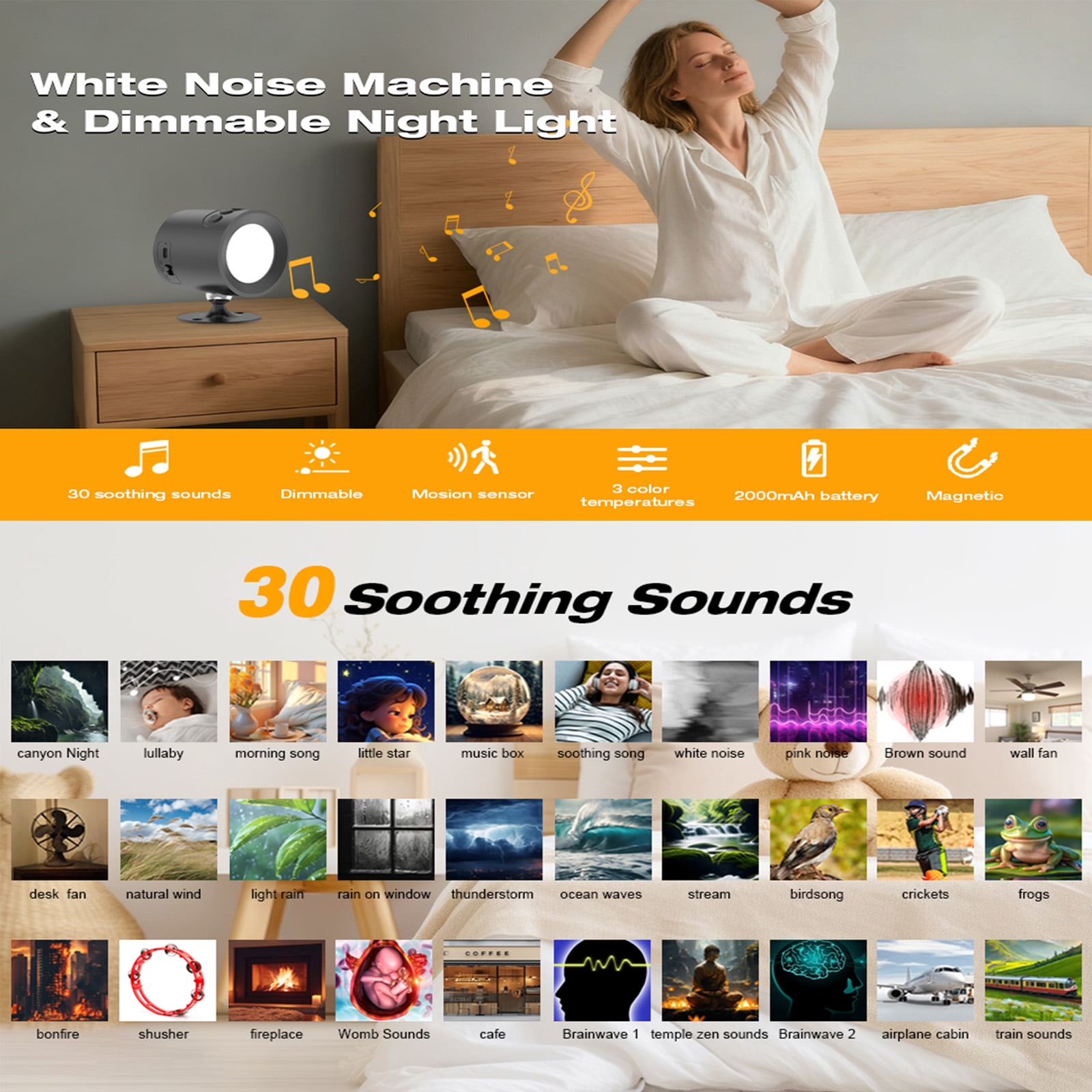 Musqua 30 Natural Soothing Sounds White Noise Machine with LED Wall Sconce Night Light for Baby Kids Adults