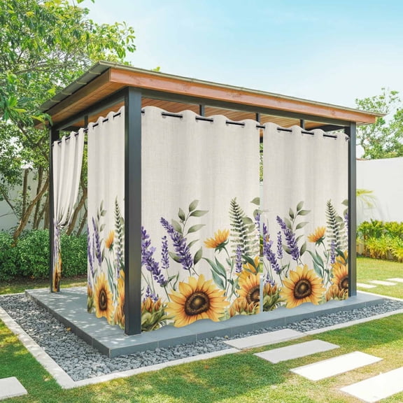 Sunflower Lavender Outdoor Curtains 1 Panel Retro Eucalyptus Leaf Yellow Sunflower Purple Lavender Linen Texture Waterproof Weatherproof Privacy Curtain Thermal Outside Drape for Porch 54 x 95 Inch