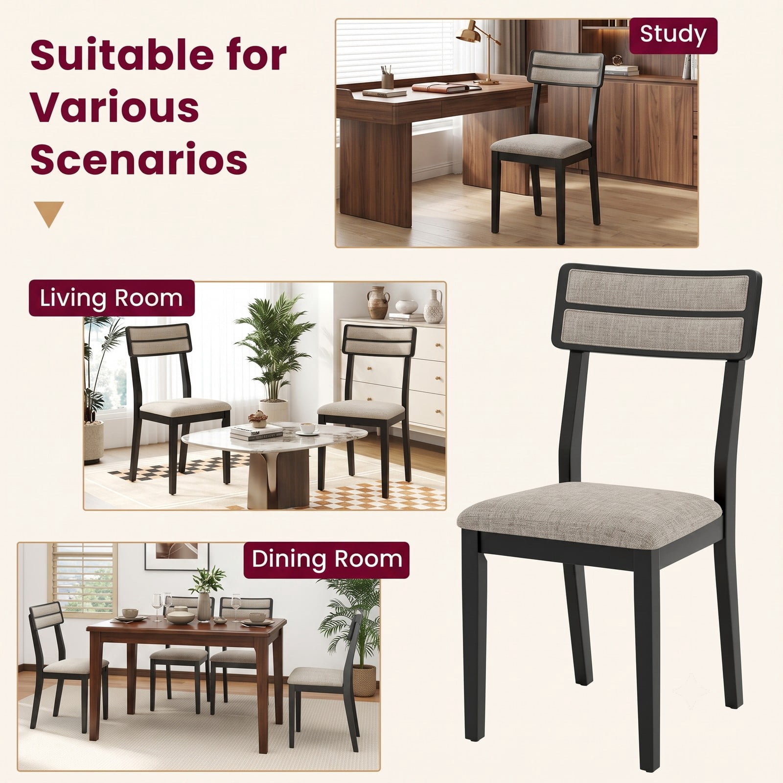 Furnibear Modern Dining Chairs Set of 4, Upholstered Linen-Feel Fabric Kitchen Chairs with Tilt Backrest and Rubber Wood Legs, Padded Accent Side, Beige and Black