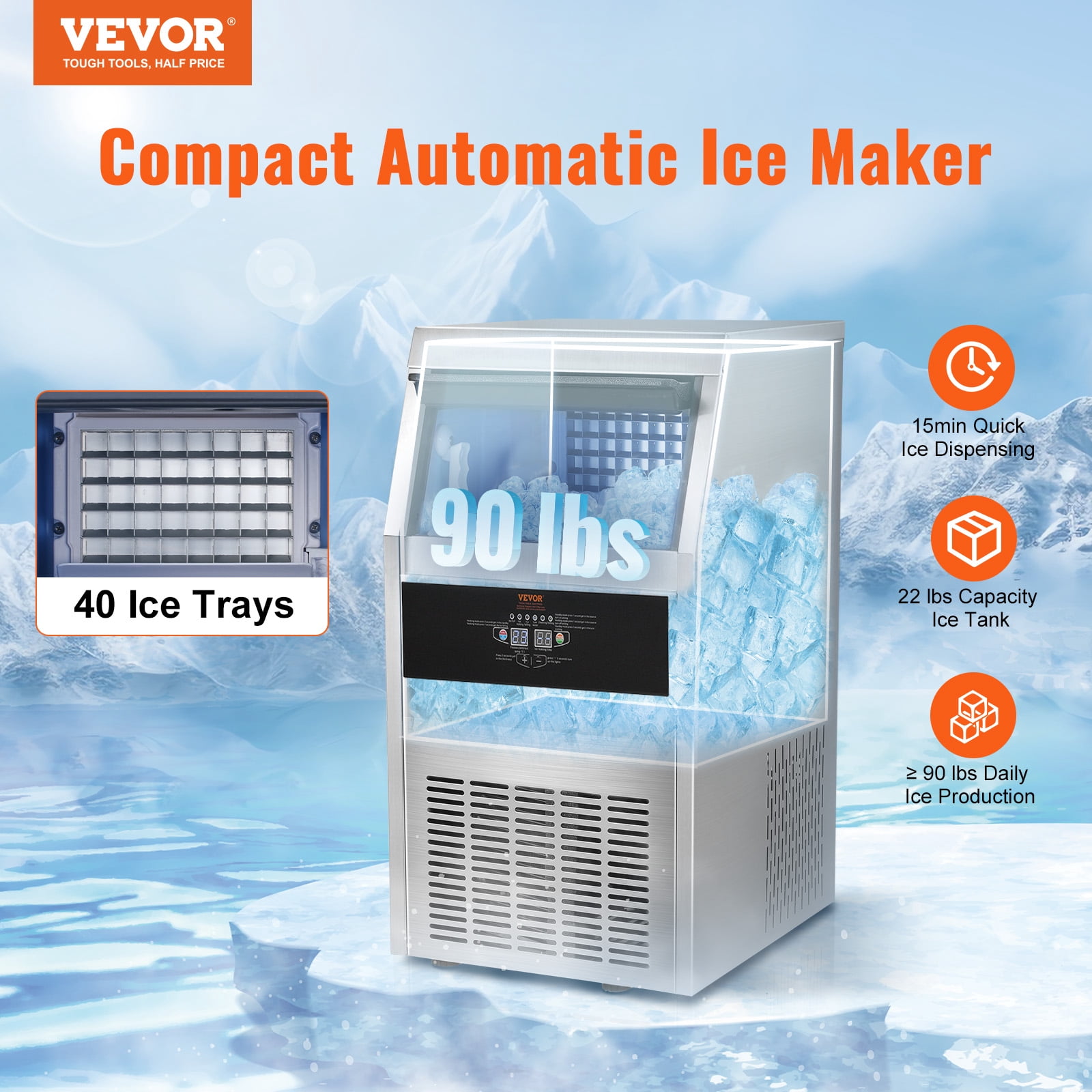 KFFKFF 110V Commercial Ice Maker 90lbs/24H with 22lbs Bin, Full Heavy Duty Stainless Steel Construction, Automatic Operation, Clear Cube for Home Bar