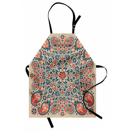 Paisley Apron Arabesque Floral Ornate Pattern Cultural Folk Persian Middle Eastern, Unisex Kitchen Bib Apron with Adjustable Neck for Cooking Baking Gardening, Orange Night Blue Tan, by Ambesonne