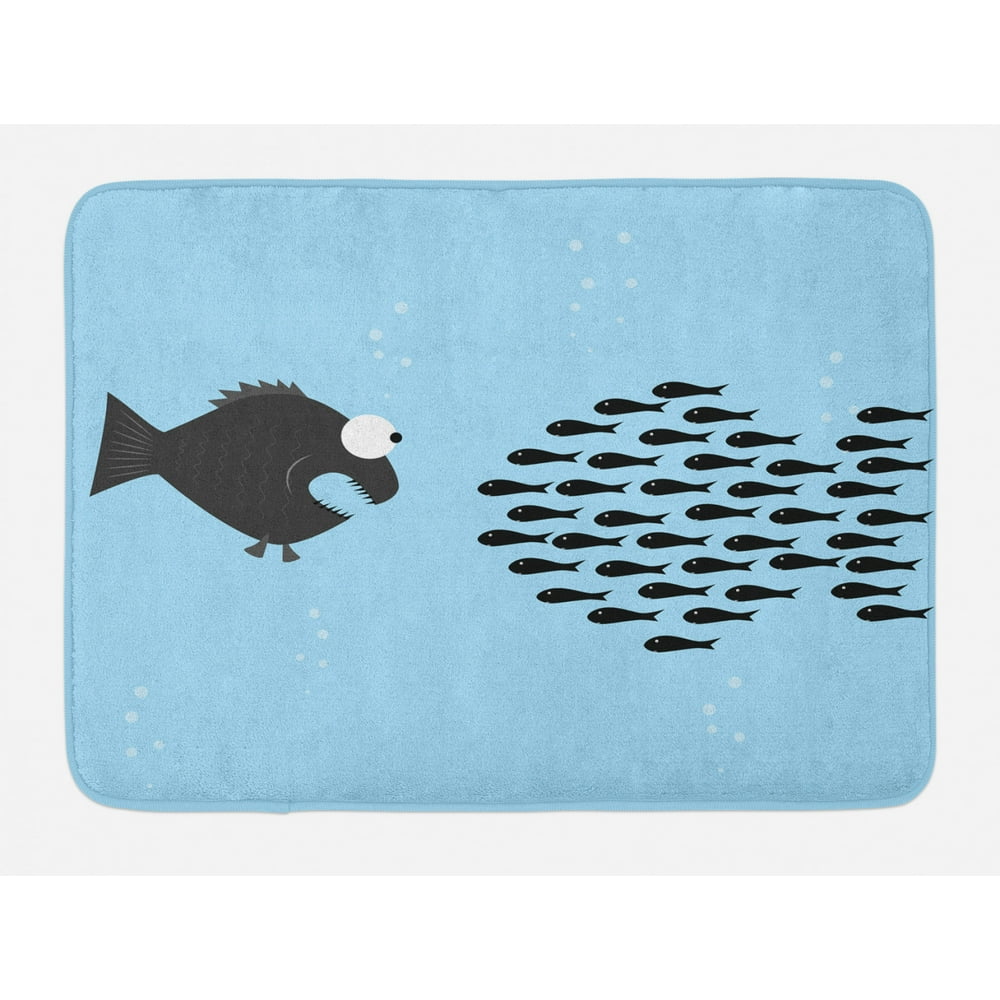 Fish Bath Mat, Little Fishes United to Fight with Big Fish Theme Aquatic Wildlife in the Ocean