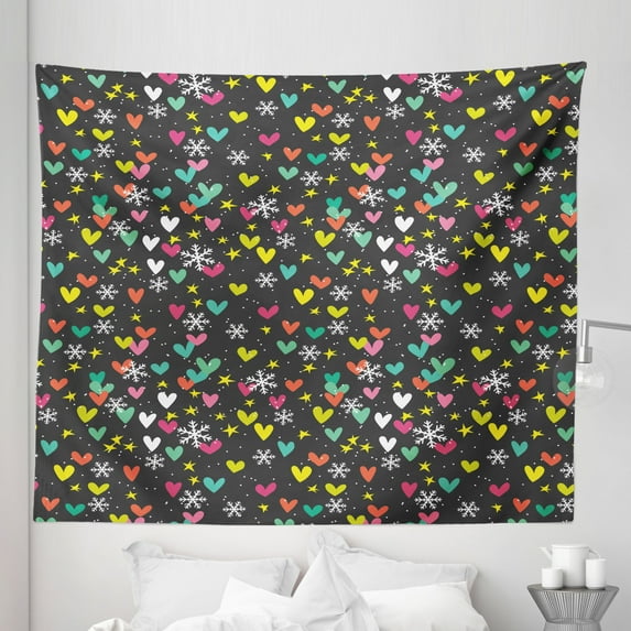 Winter Tapestry, Colorful Heart Shapes and Stars Snowing Weather Repeated Pattern, Fabric Wall Hanging Decor for Bedroom Living Room Dorm, 5 Sizes, Charcoal Grey and Multicolor, by Ambesonne