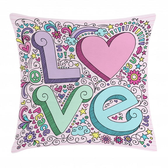 Doodle Throw Pillow Cushion Cover, Hand Drawn 3D Love Lettering Psychedelic Goorvy Sixties Inspired Design Peace Kiss U, Decorative Square Accent Pillow Case, 16 X 16 Inches, Multicolor, by Ambesonne