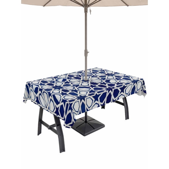 Outdoor Tablecloth with Umbrella Hole for Patio/Picnic/Party/Camping, Navy Blue Geometric Waterproof Table Cloth Rectangle Table Cover Washable, Vintage Abstract Art (54"x 80")