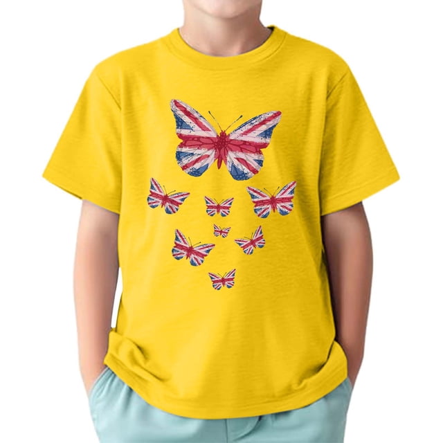 TAIAOJING T-Shirts Polyvalents Garçon Fille Imprimé Papillon Manches Courtes Col Rond T-Shirts Drapeau Élégant Coupe Décontractée Léger Usage Quotidien