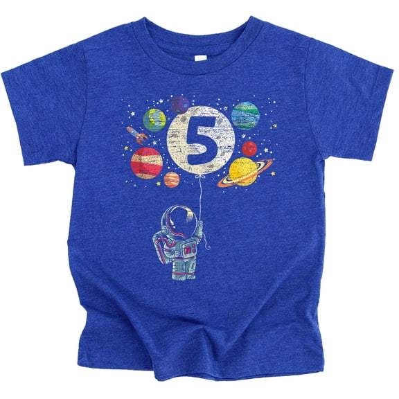 Olive Loves Apple 5th Birthday Rocket Astronaut Themed T-Shirts with Moon Balloon and Planets for Boys and Girls Vintage Royal Shirt Youth Small