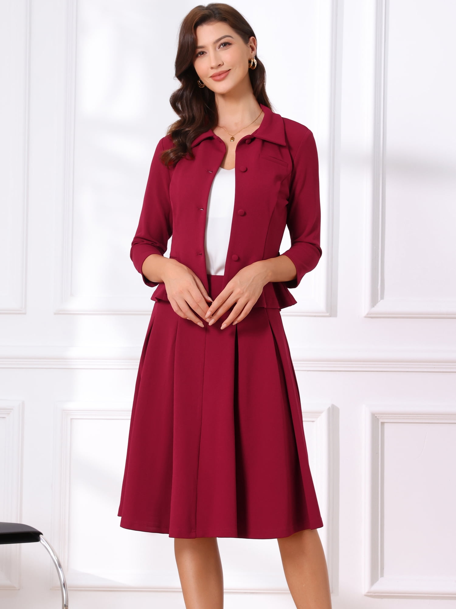 DARING DIVA 2Pcs Women's Office Blazer Jacket Pleated Skirt Suit Set M Dark Red