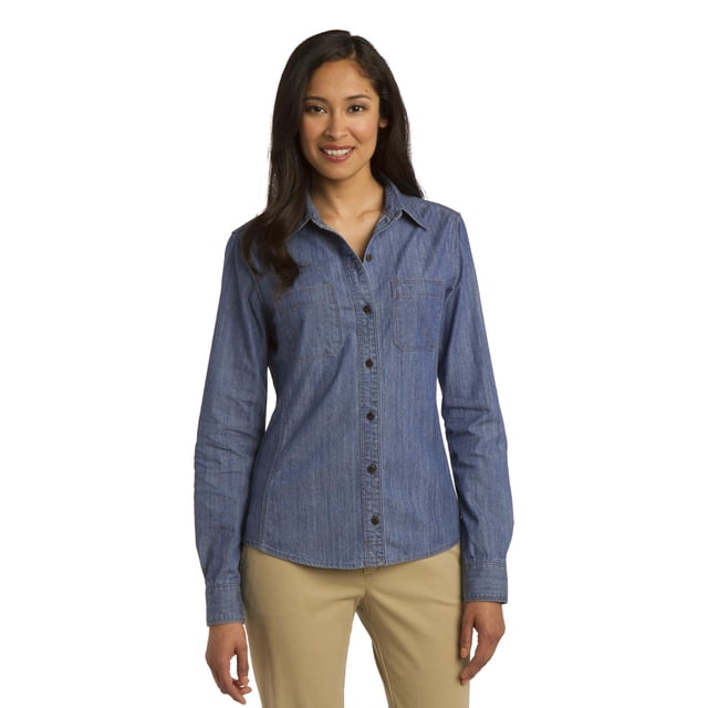Camisa vaquera con bolsillos de parche para mujer Port Authority S Light Indigo Autoridad Portuaria L652