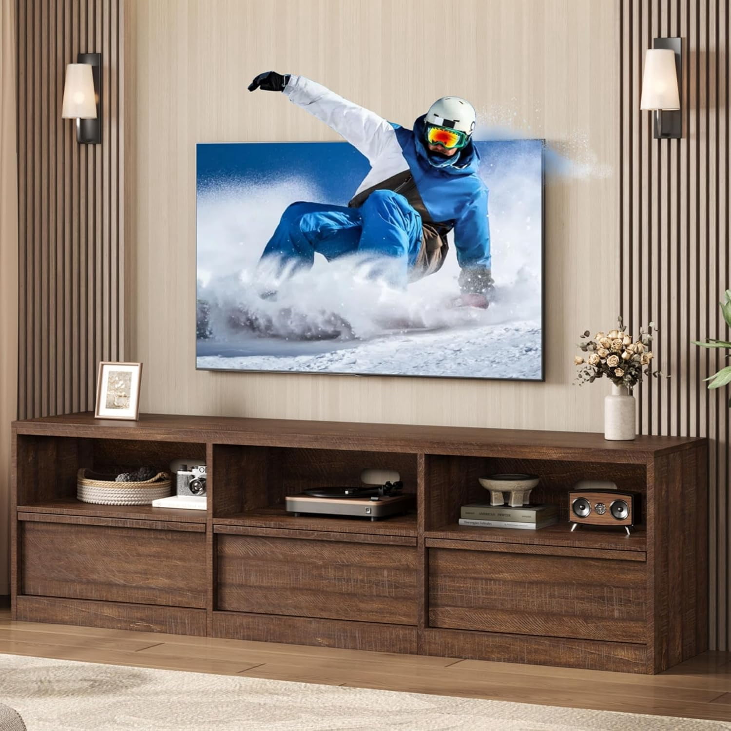 Garvee 70" TV Stand for TVs up to 85", Mid Century Modern Entertainment Center with Drawer, Open Shelves & Cable Management, Vintage Brown