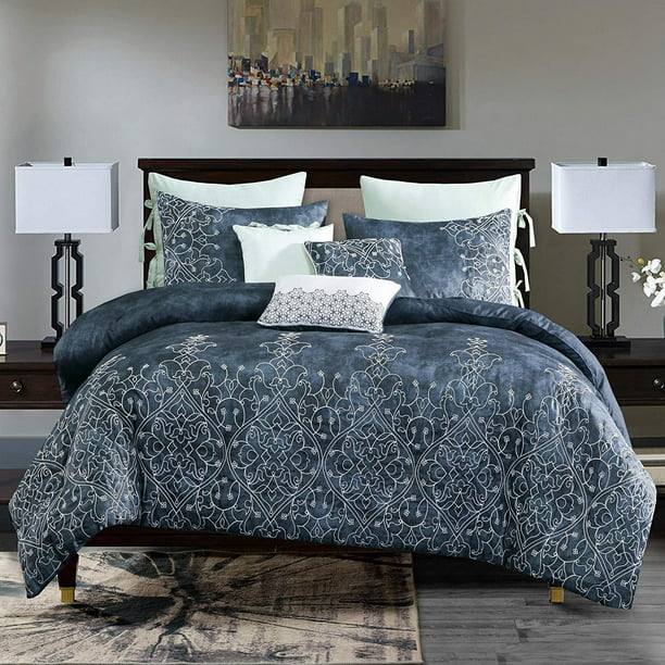 Full Queen Comforter Set With Shams, Navy Blue Patterned Duvet Set