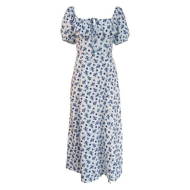 PENGXIANG Robe Longue Maxi Élégante pour Femmes Robe Bohème Manches Bouffantes Enveloppante Florale Décontractée Vintage Col Carré