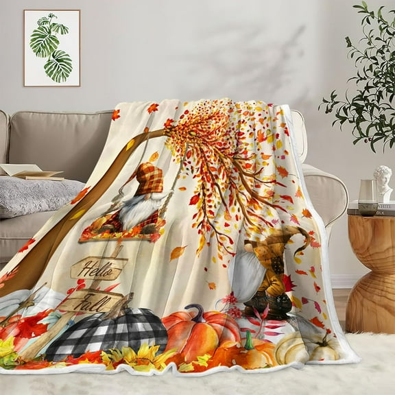 Fall Gnomes Throw Blanket, Autumn Maple Leaf Pumpkin Harvest Thanksgiving Fleece Flannel Blanket, Fabric Rustic Farmhouse Fall Soft Blanket for Bed Couch Sofa 50"X60"IN