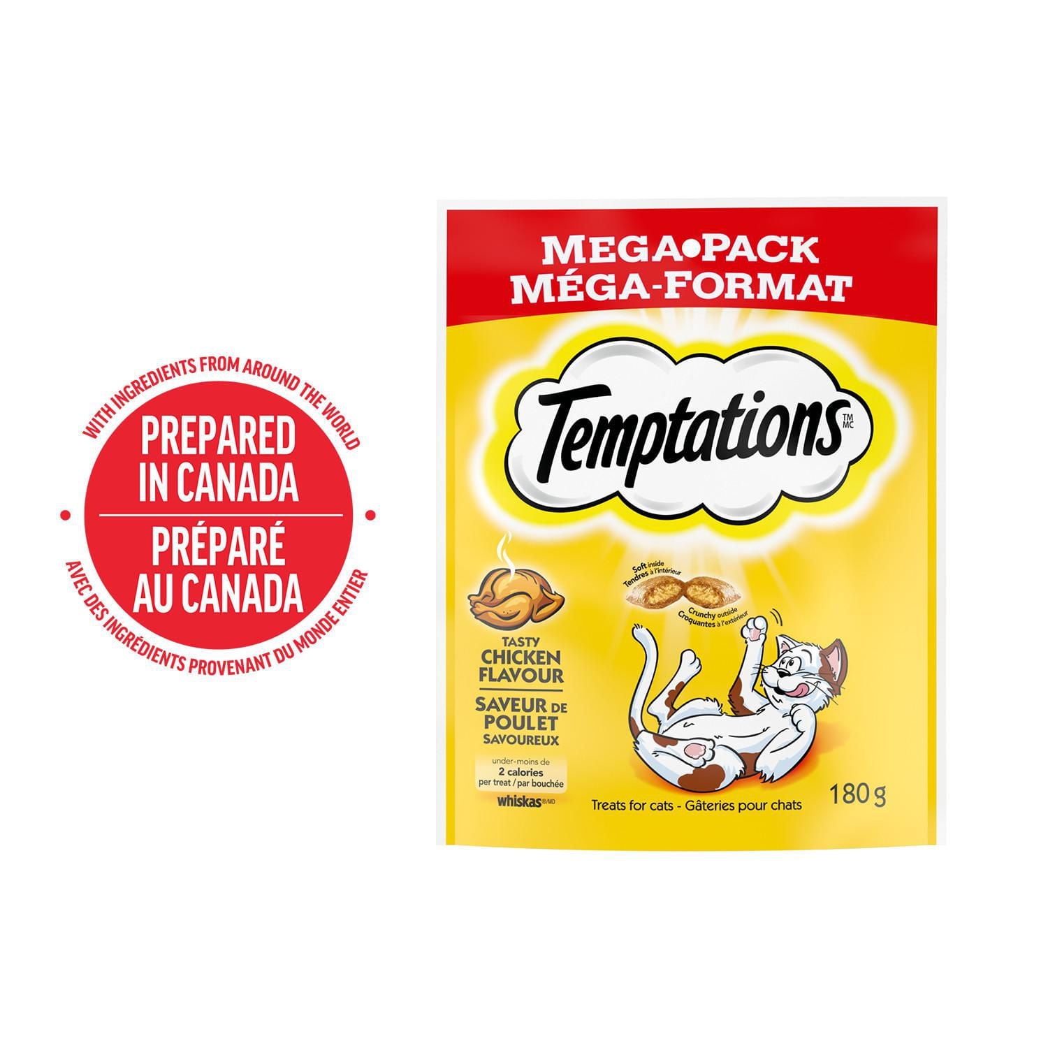 Gâteries pour chats Temptations saveur de poulet savoureux, tendres à l'intérieur, croquantes à l'extérieur