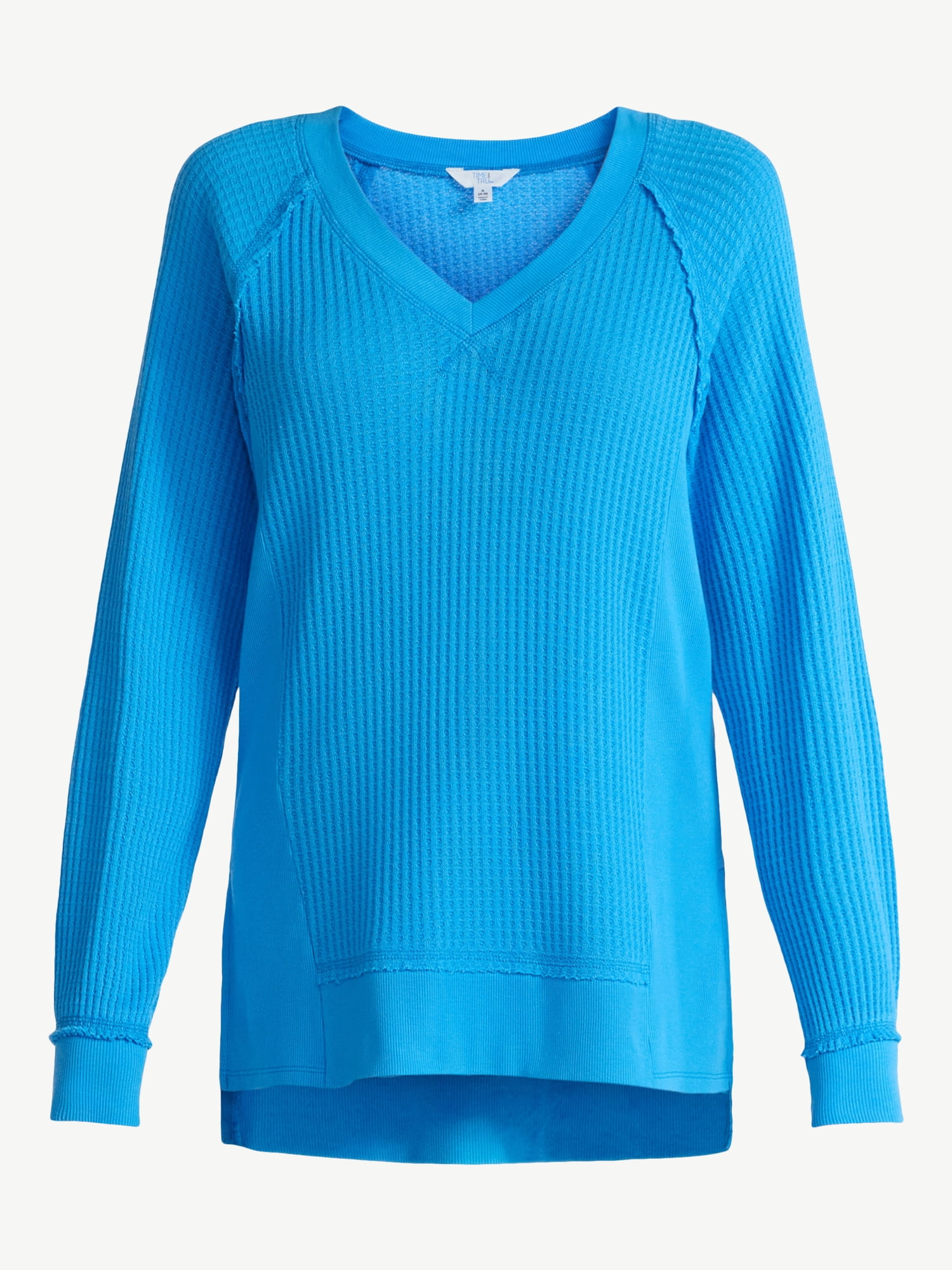 Time and Tru Women's Waffle Knit Tunic V-Neck Sweatshirt with Long Sleeves, Sizes XS-3XL