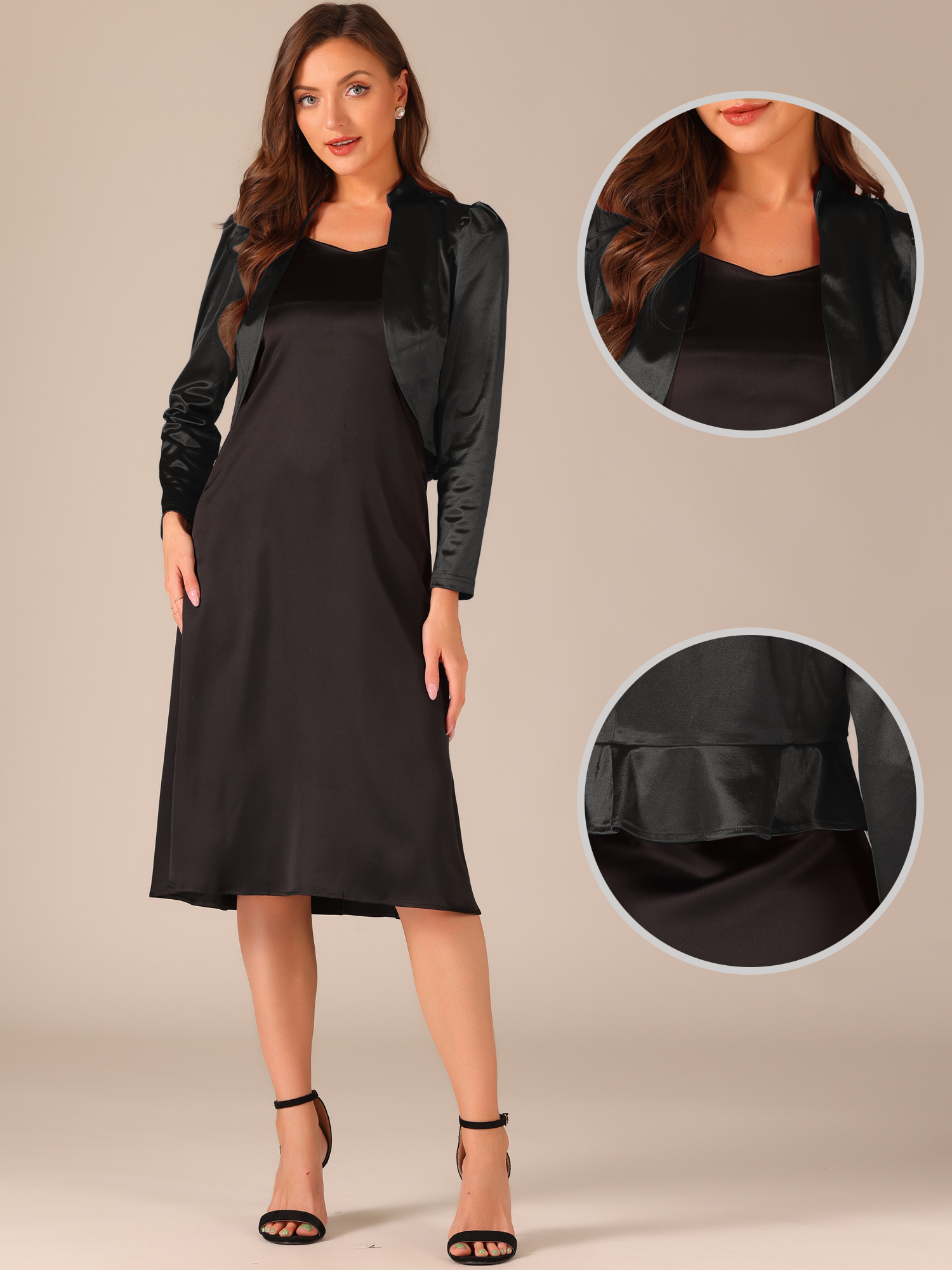 DARING DIVA Women's Satin Jacket Formal Long Sleeves Bolero Shrugs for Dresses L Black