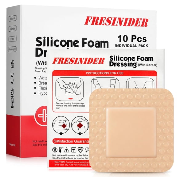 FRESINIDER Silicone Foam Dressing with Adhesive Border, 2 x 2 Inch, 10 Count