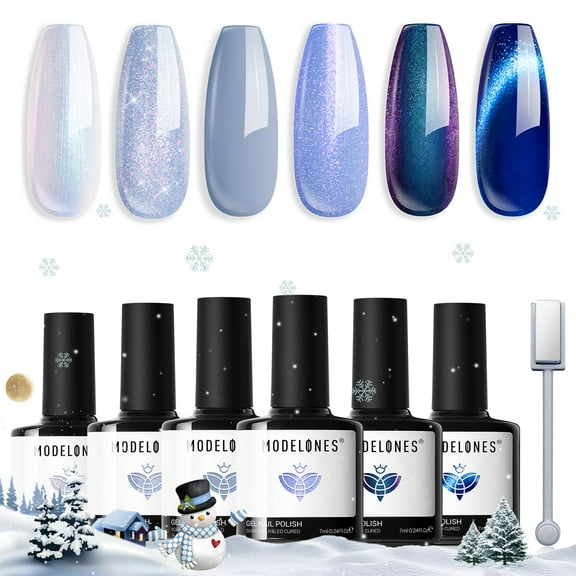 modelones Gel Nail Polish Set, 6 Colors Ice Blue Collection Glitter Gel Polish Galaxy Dark Blue 9D Cat Eye Nail Gel polish w Magnet Light Blue White Soak Off Led Nail Art Gel Salon DIY Gift