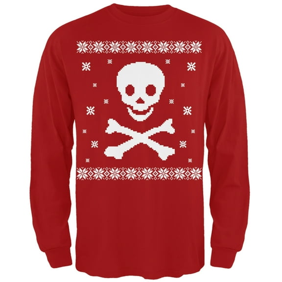 Big Skull & Crossbones Ugly Christmas Sweater Red Adult Long Sleeve T-Shirt - Medium