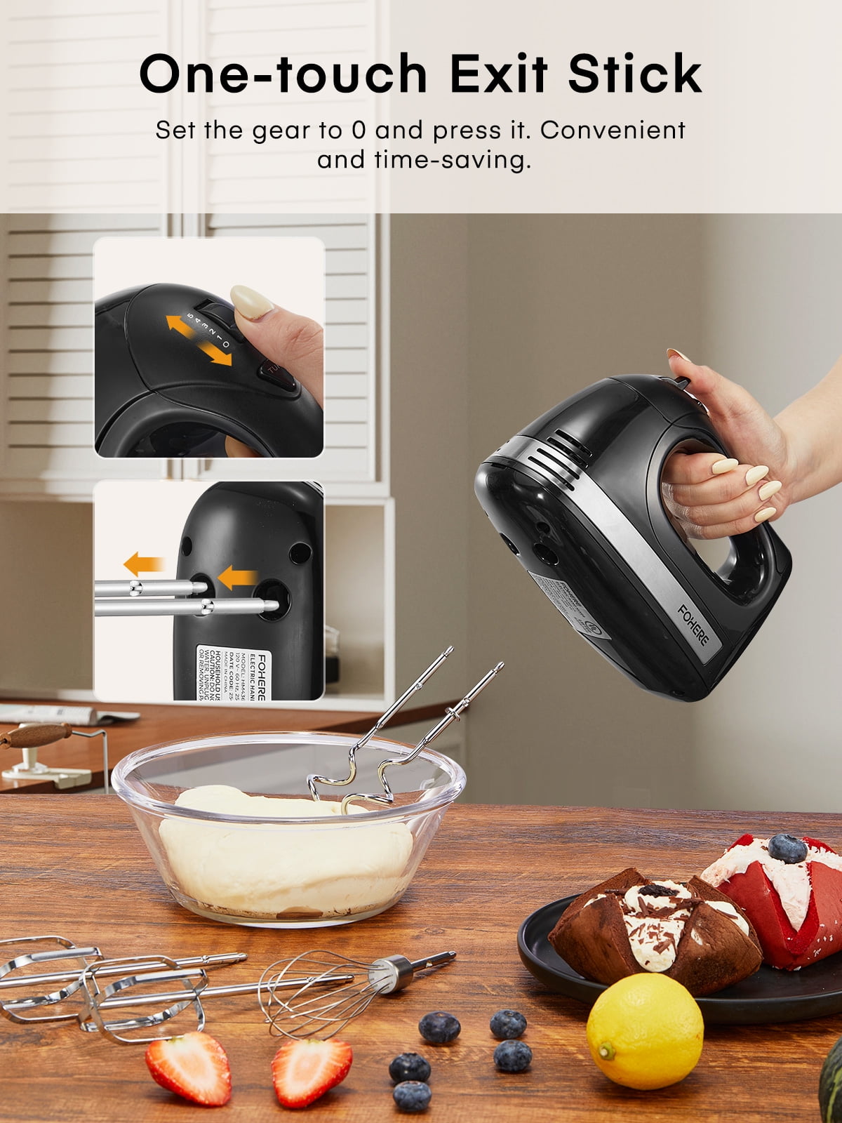 Hand Mixer with Storage Box, 5 Speeds and Turbo, FOHERE Electric Egg Beater with 6 Accessories
