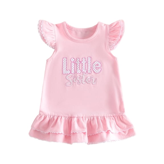 BemeyourBBs Toddler Baby Girl Little Sister Dress Outfit Baby Girl Summer Pink Dress Flutter Sleeve Crew Neck Dot Letter Embroidery Layered Hem A Line Dress