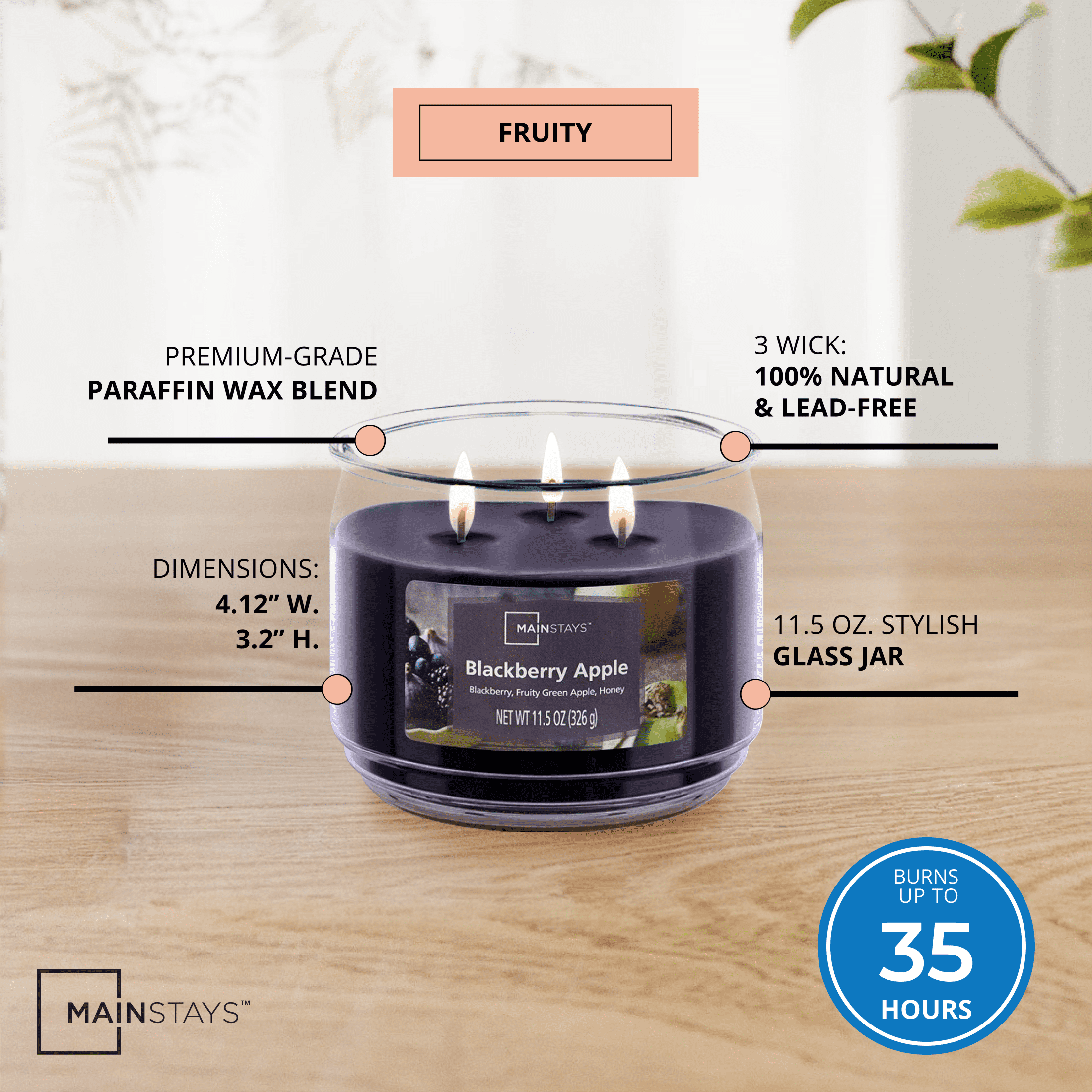 (4 pack) Mainstays Blackberry Apple 3-Wick Scented Glass Jar Candle, 11.5 oz