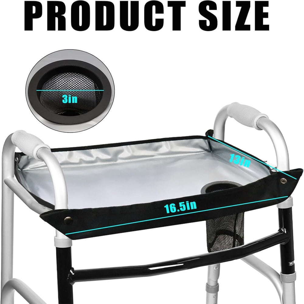 Walker Tray Table  with Cup Holders, Non Slip Walker Tray for Senior, Fits Most Standard Folding Walkers, Walker Accessory for Meals, Drinks, Reading, Black