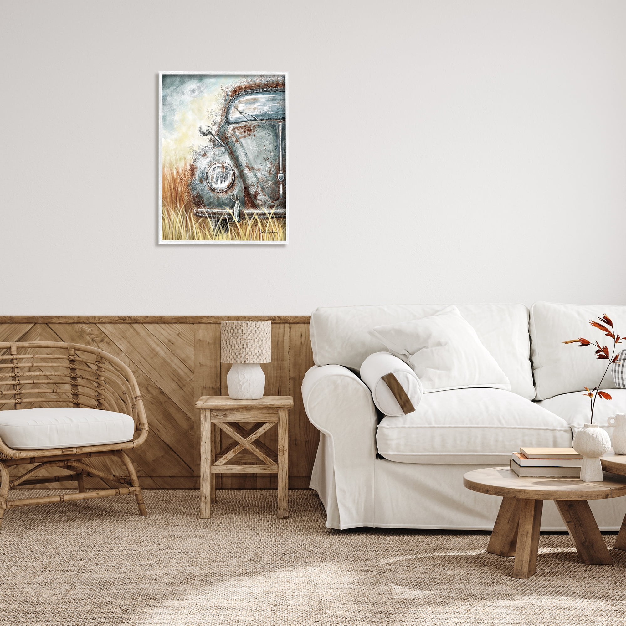 Stupell Industries Vintage Car Country Field Transportation Painting White Framed Art Print Wall Art, 24 x 30
