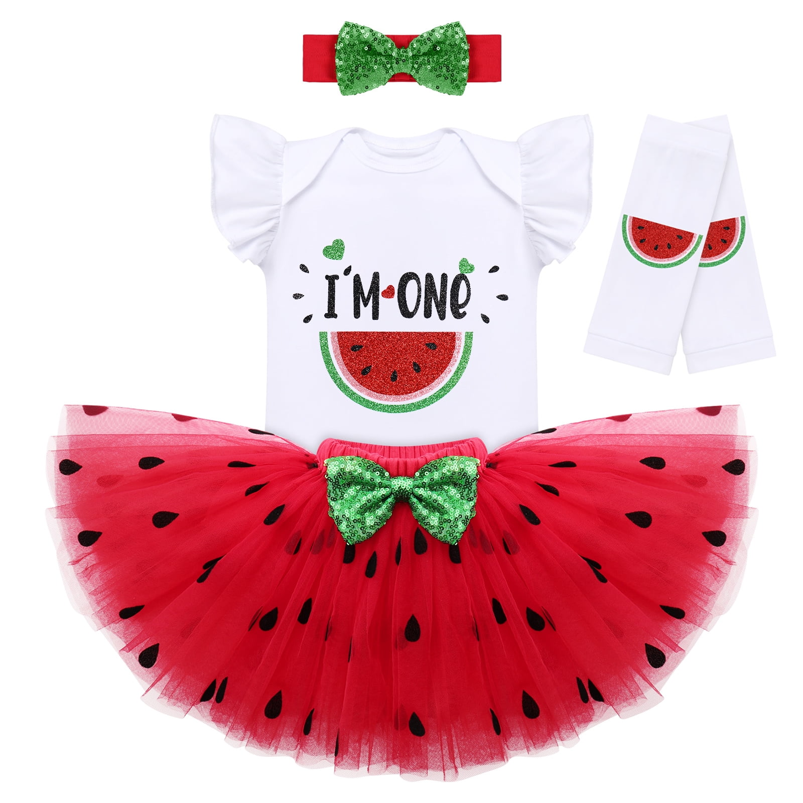 IBTOM CASTLE Baby Girls Watermelon 1st/2nd Birthday Outfit Princess Ruffle Romper Tutu Skirt Leggings Headband 4pcs Clothes Set 12 Months Red-I'm One
