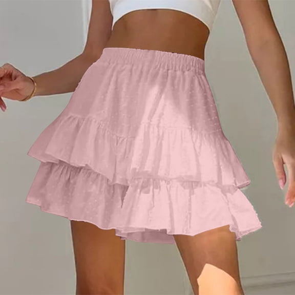 ClodeEU Women's High Waisted Lace Tiered Mini Skirt, ,Solid Color Casual Summer Short Skirt Pink,Womens Plus L