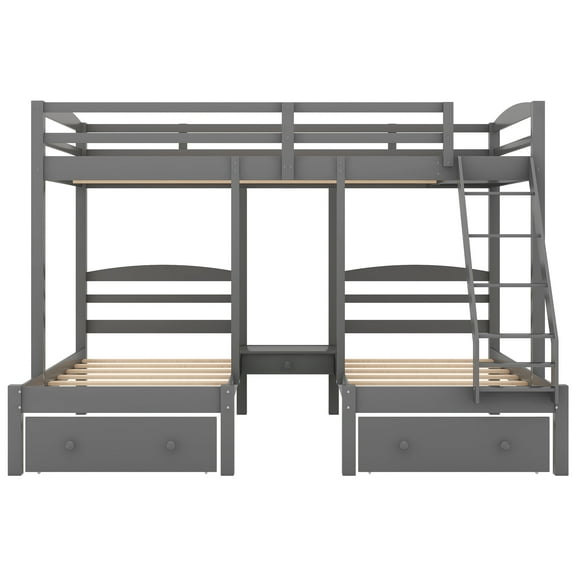 KAAYEE Full over Twin & Twin Bunk Bed,Triple Bunk Bed with Drawers, Gray