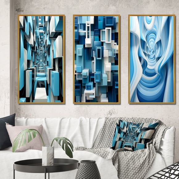 Designart "Focused Blue Op Art A Visual Journey VI" Abstract Framed Wall Art Set Of 3 - Blue Op Art Frame Gallery Set For Office Decor