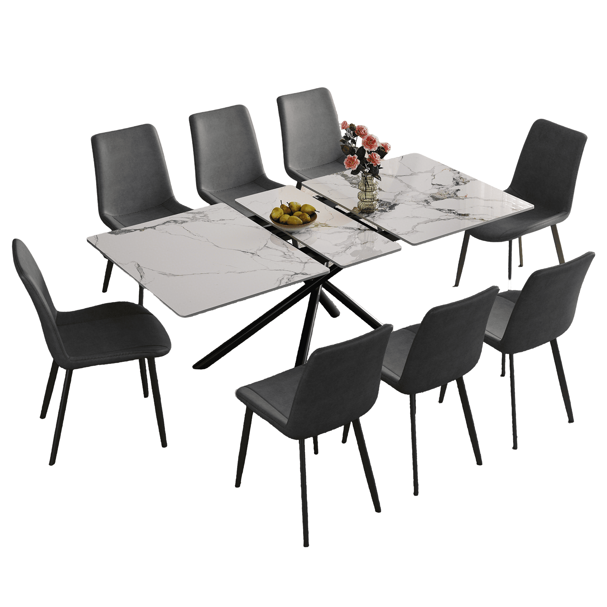 Montary 59-inch Modern Rectangle Expandable Dining Table with Retractable Leaf, Sintered Stone Top & Black Carbon Steel X-Base, Dining Table Set with 8 Gray PU Chairs for Apartments, Kitchen