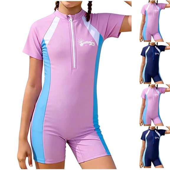 HAOTAGS Youth Short Sleeve Swimsuit,Quick-Dry Kids One-Piece Swimwear Rash Guard Protective Swim Suit Pink 9-11
