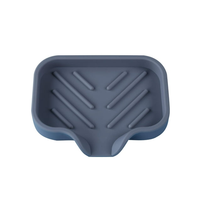 Agiferg Soft Gel Soap Sponge Holder, a grey silicone soap dish with ridged bottom design to prevent water accumulation and keep soap dry. Compact size of 12.5x8x1.5cm, ideal for sink countertops in kitchens or bathrooms.