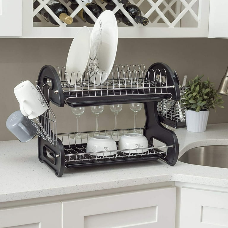 Dish Drying Rack and Drain Board Set with Removable Utensil Holder 6 Cup  Hangers for Kitchen Counter 