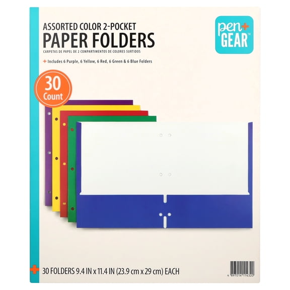 Pen+Gear 2-Pocket Paper Folders, Assorted Colors, 30 Count