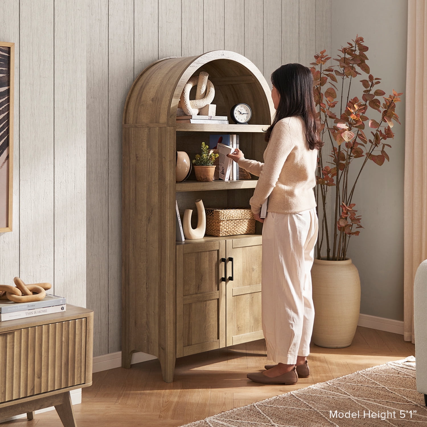mopio Lauren 65.4" Arched Cabinet, 5-Tier Arched Bookcase with Doors and Shelves, Arched Bookshelf with Storage, Kitchen Pantry Cabinet, Wooden Storage Cabinet for Living Room, Kitchen (Oak)