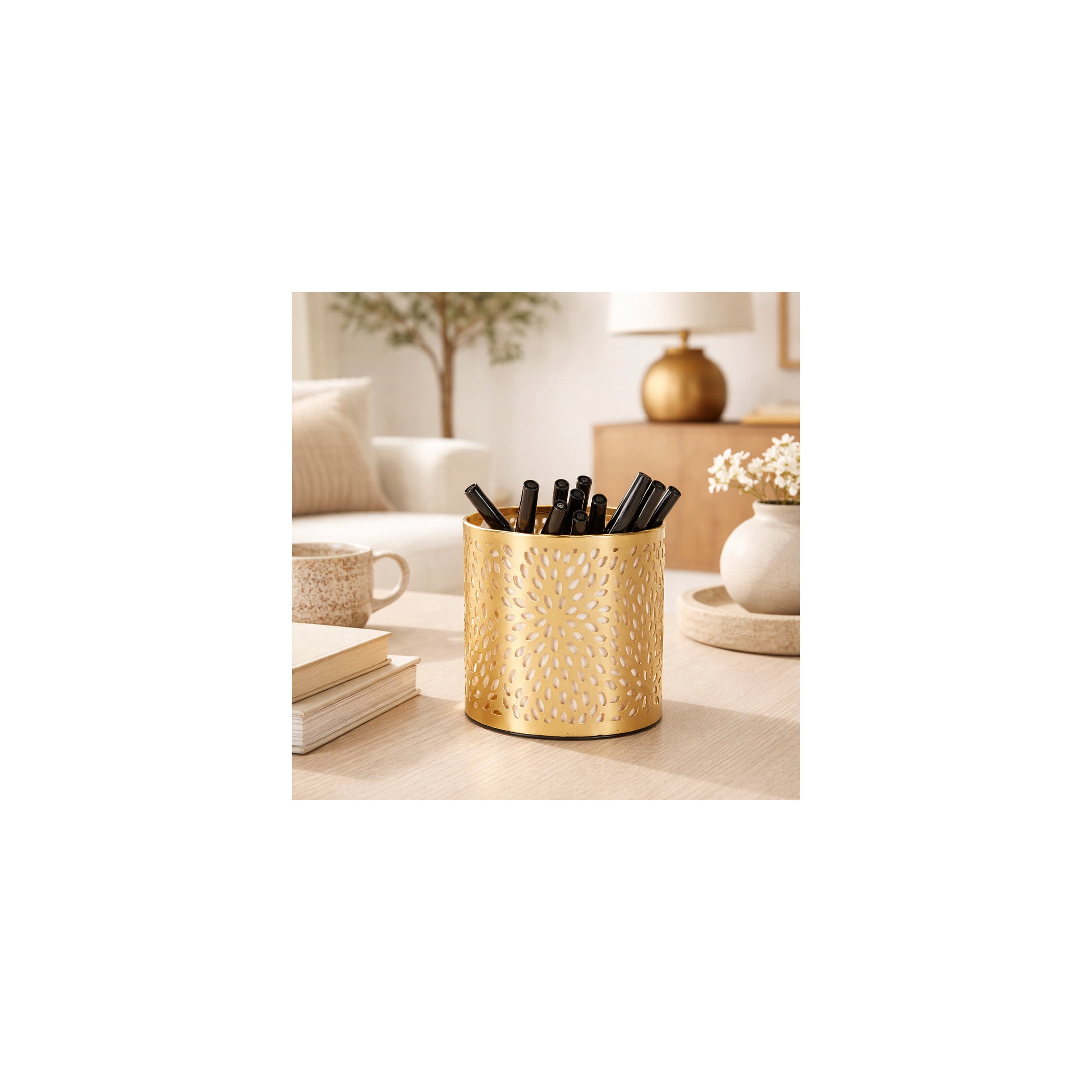 DecMode 4" x 4" Gold Metal Floral Pencil Cup with Laser Carved Design, 1-Piece