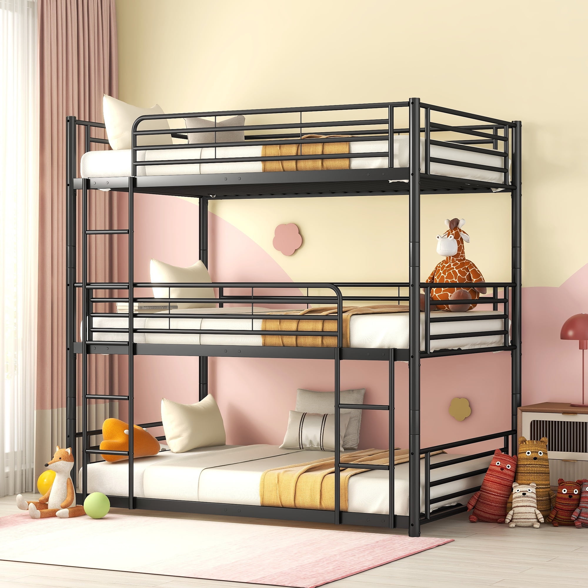 FullFullFull Metal Triple Bed with Builtin Ladder, Divided into Three Separate Beds,Black